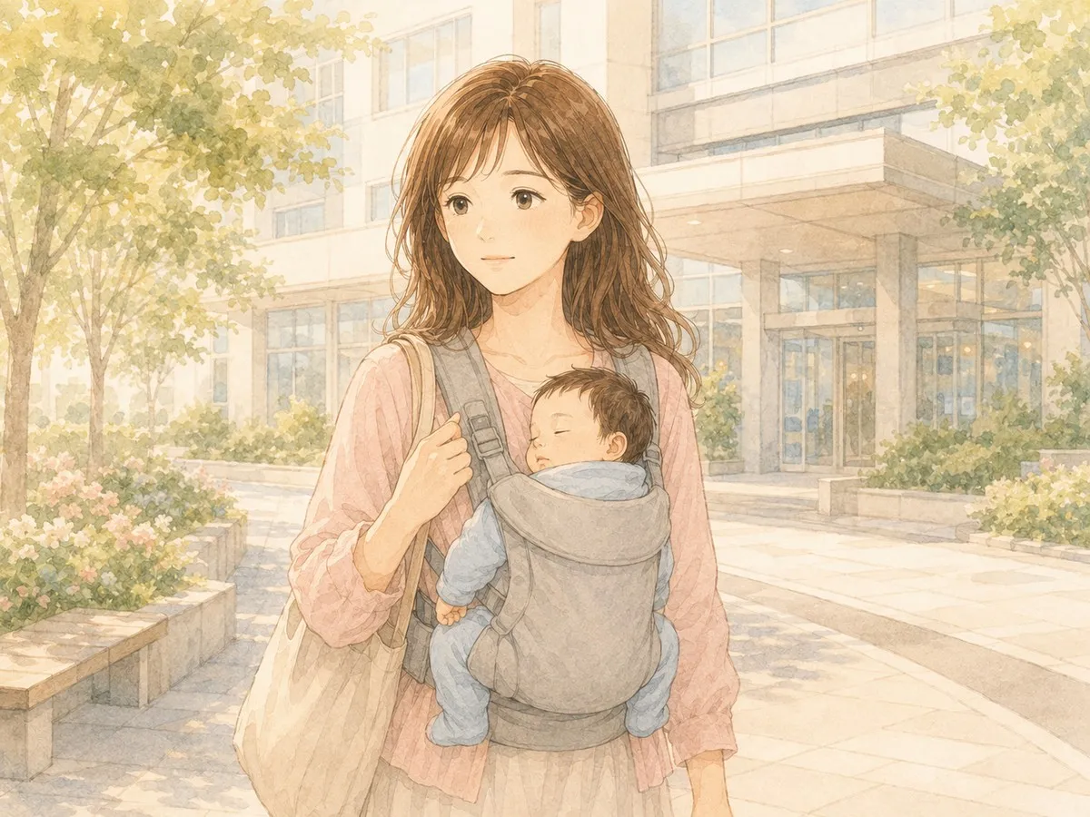 抱っこ紐に赤ちゃんを抱えて眼科へ向かうママの水彩イラスト