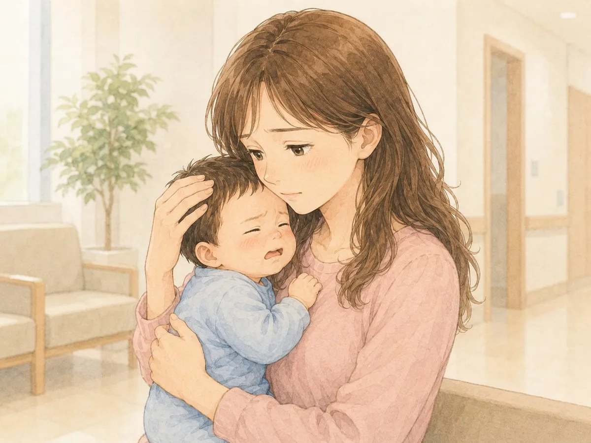 眼科検診のあと、がんばった赤ちゃんをそっと抱いてあやすママの水彩イラスト