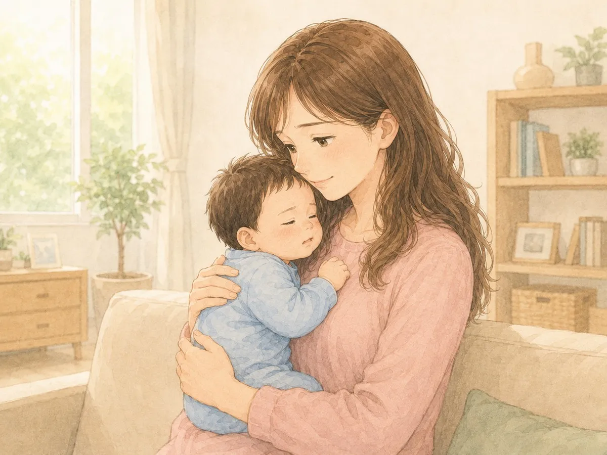 検査を終えて帰宅し、赤ちゃんをやさしく抱っこするママの水彩イラスト