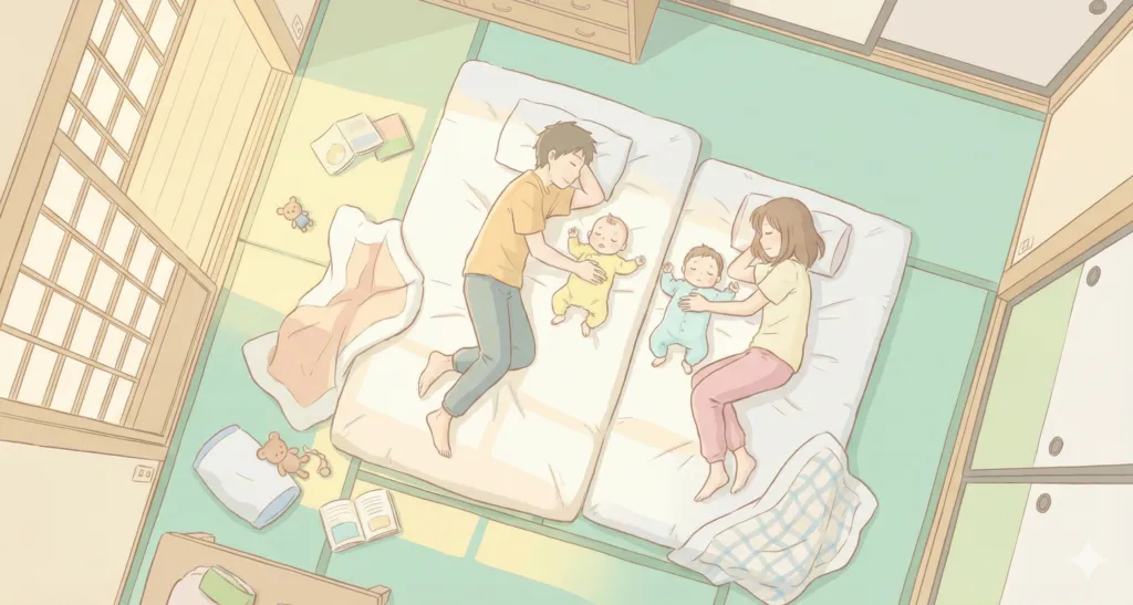 双子の寝床：セミダブル＋シングルマットレスの川の字レイアウト図