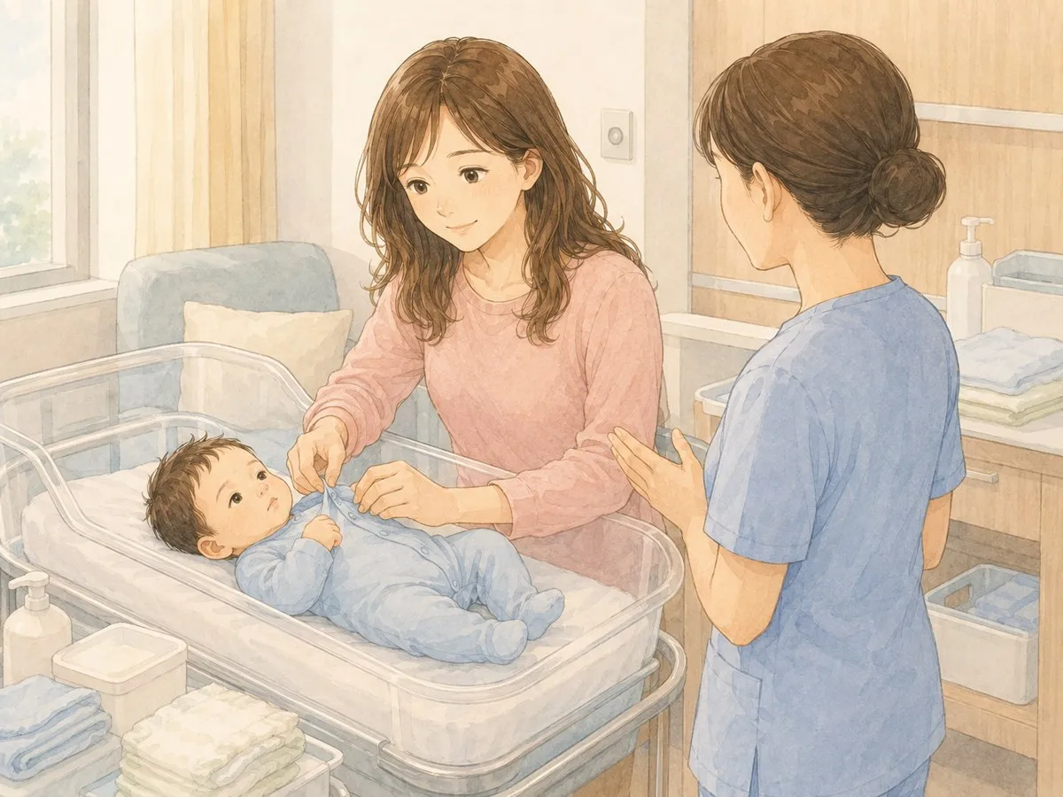 GCUで、看護師さんに教わりながら、着衣の赤ちゃんのお世話を練習するママの水彩イラスト
