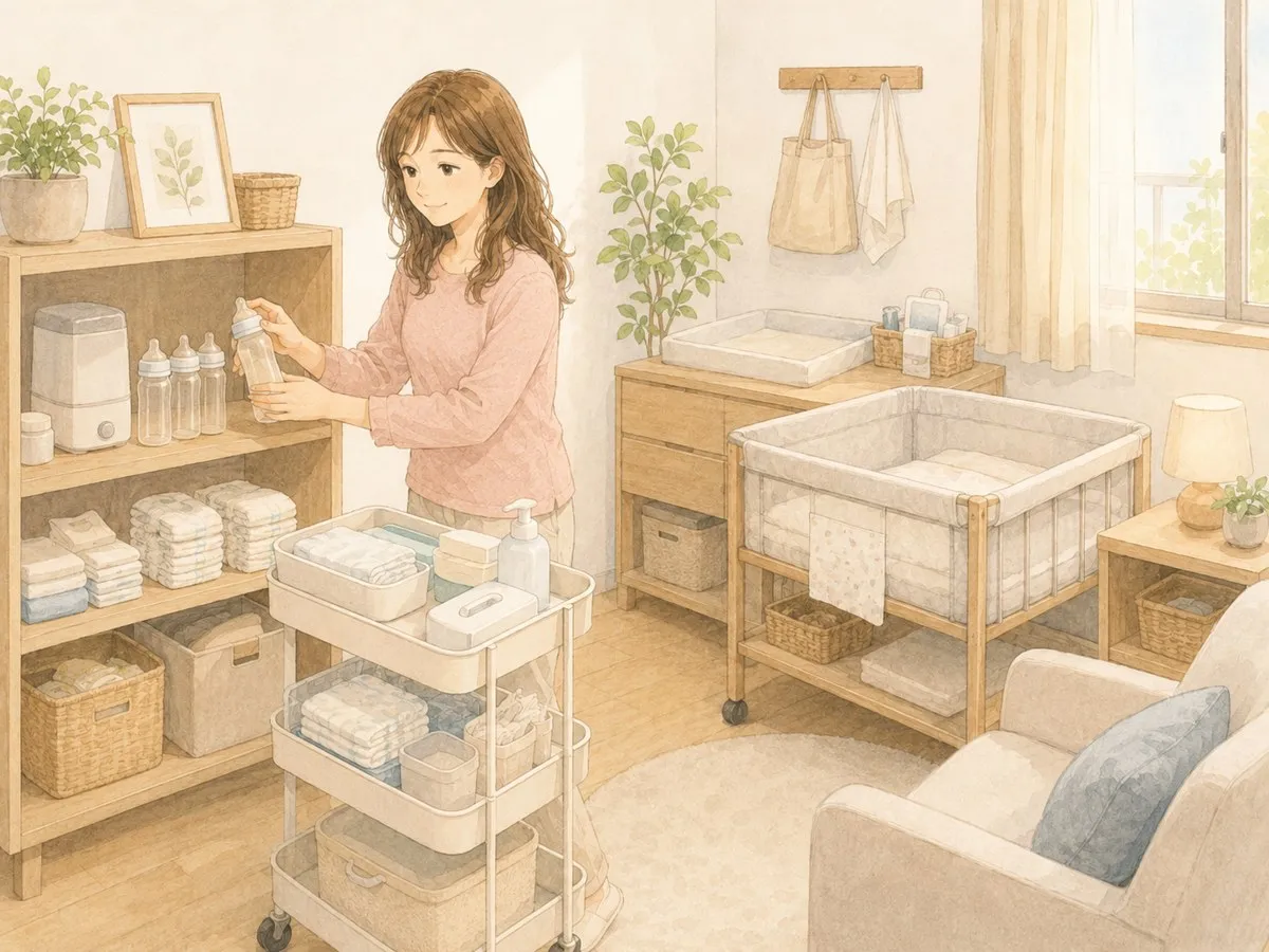 自宅で、退院に備えてミルク用品やおむつを棚に整え、夜のお世話の動線を準備するママの水彩イラスト