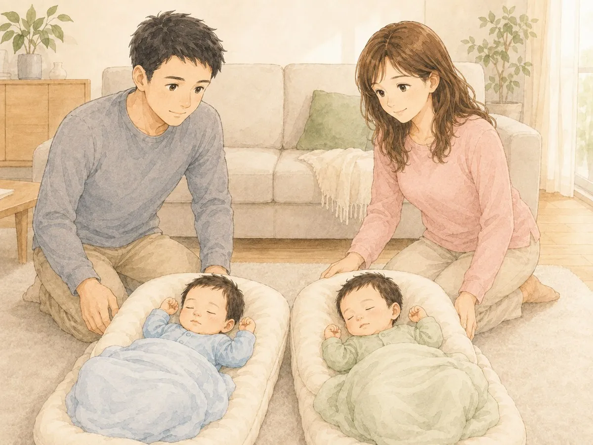退院した双子を自宅のベビー布団に迎えて、ほっとしつつ気を引き締めるパパとママの水彩イラスト
