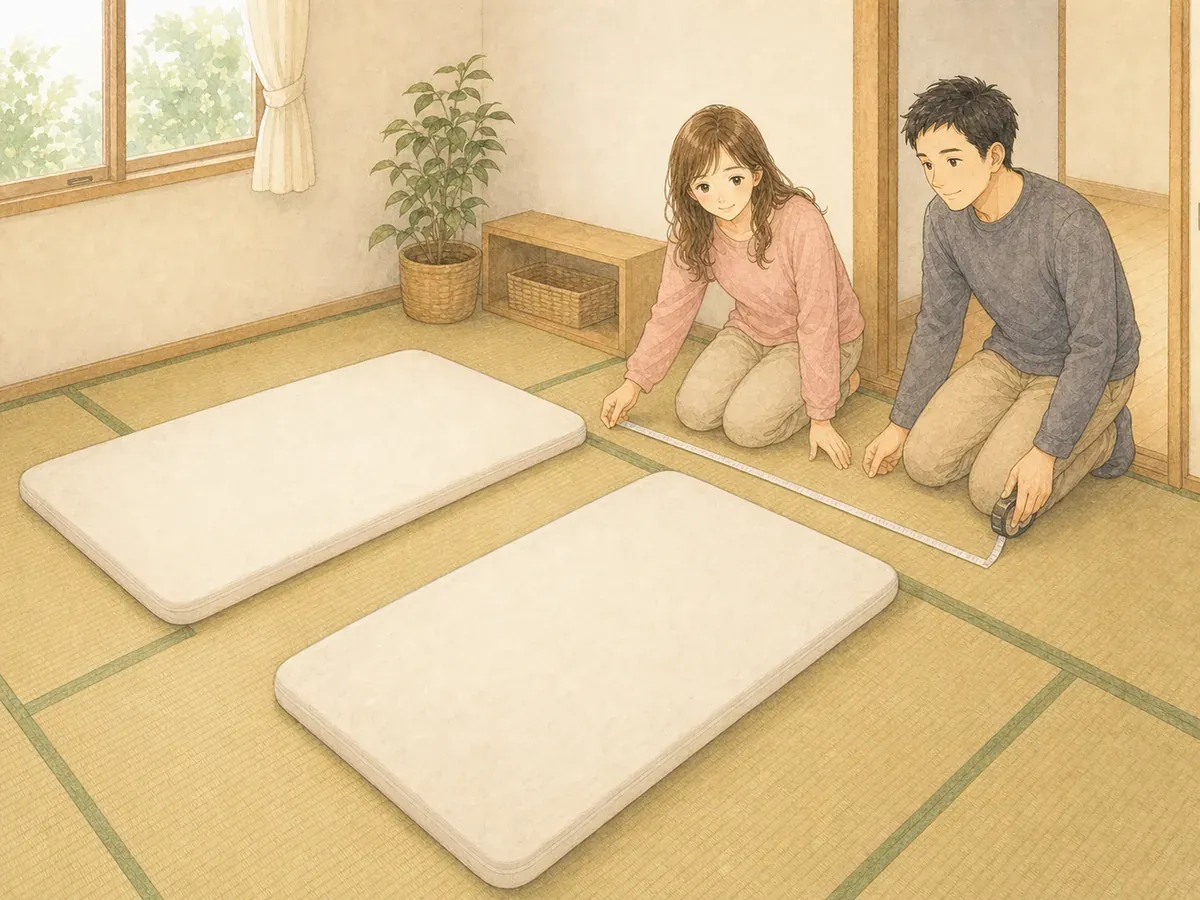 6畳和室で二つの寝床と通路を、パパとママが測っている水彩イラスト