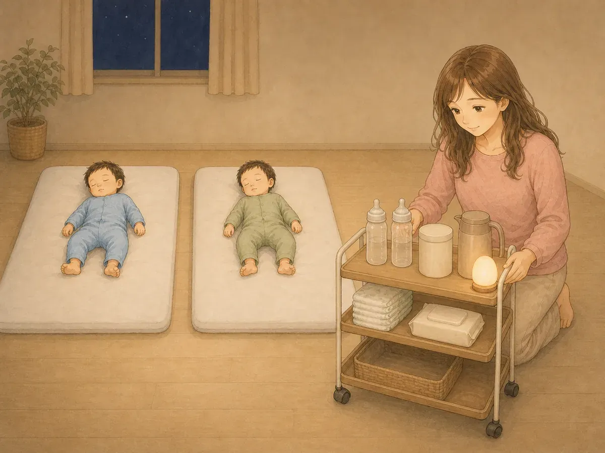 双子の寝床の外に、ミルク、おむつ、ライトをまとめ、ぴよログを確認するはづきママの水彩イラスト