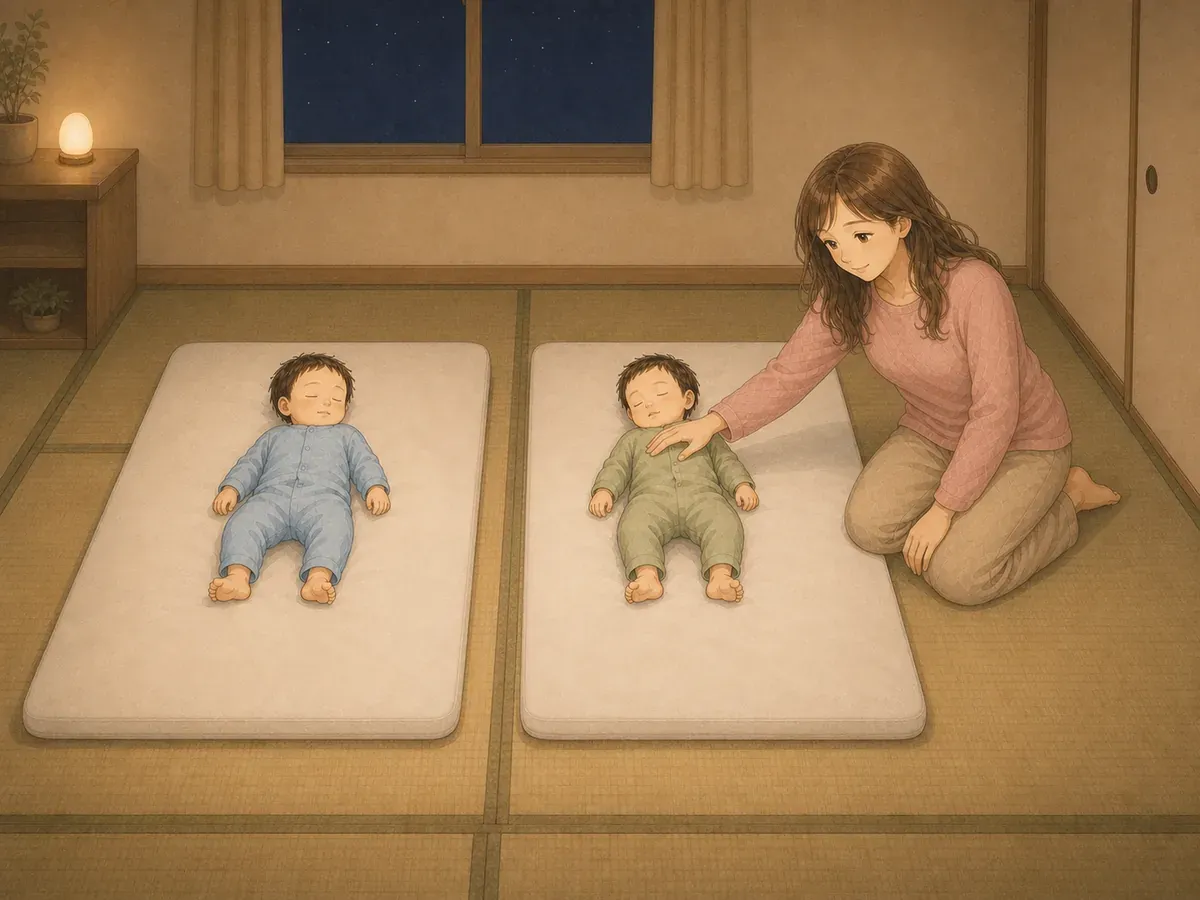 夜中、別々の寝床で眠る双子へ、はづきママが横に移動して手を伸ばす水彩イラスト