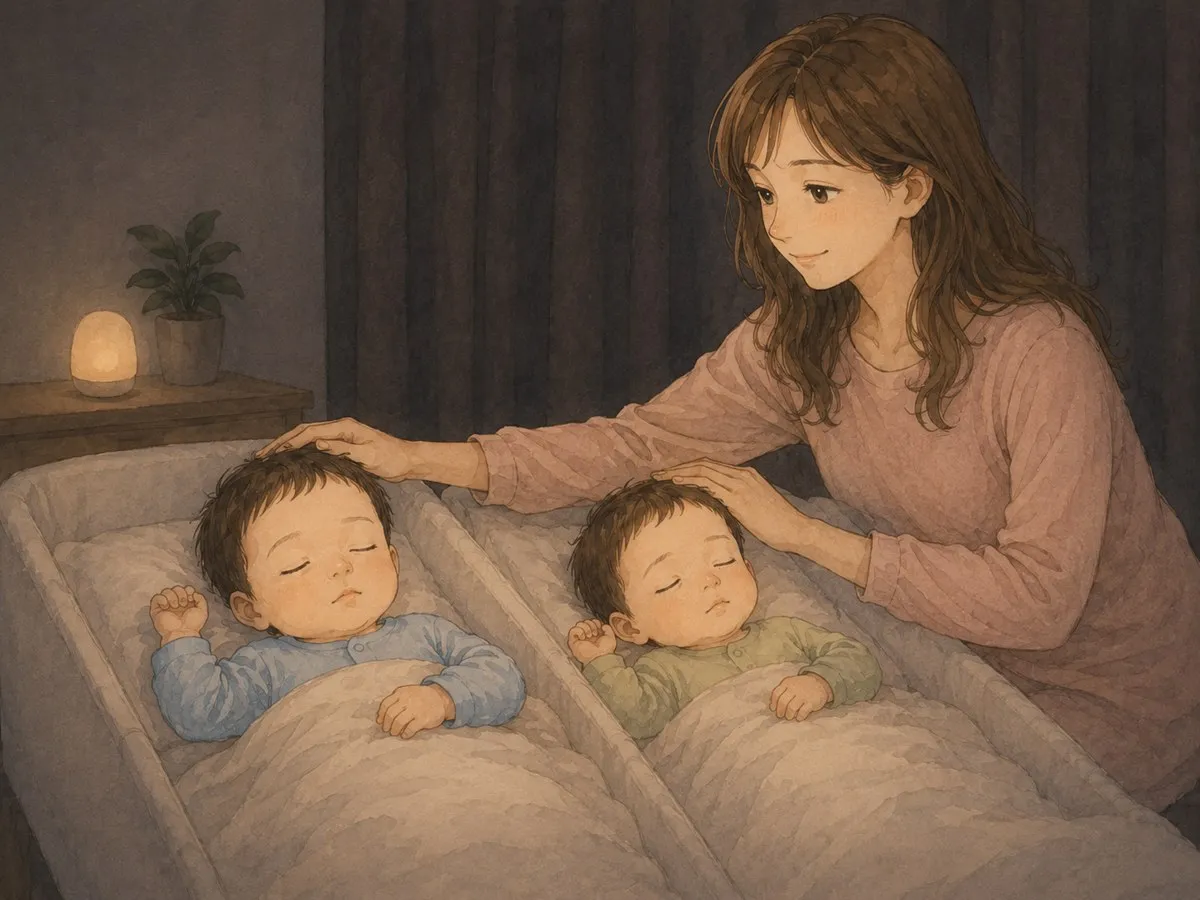 夜、真っ暗にした寝室で双子をやさしくトントンして寝かしつけるママの水彩イラスト