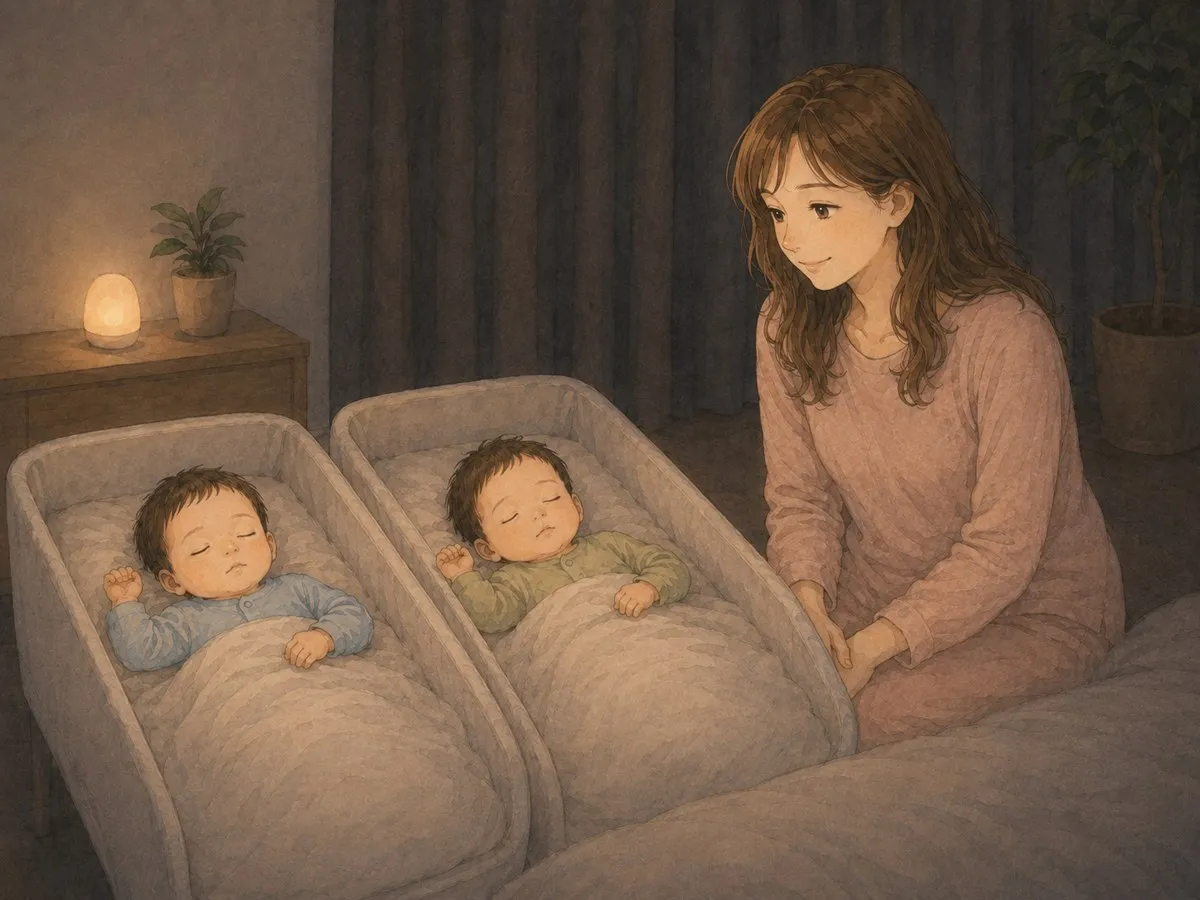 夜、双子がそれぞれの寝床で穏やかに眠り、そばで少しほっと一息つくママの水彩イラスト