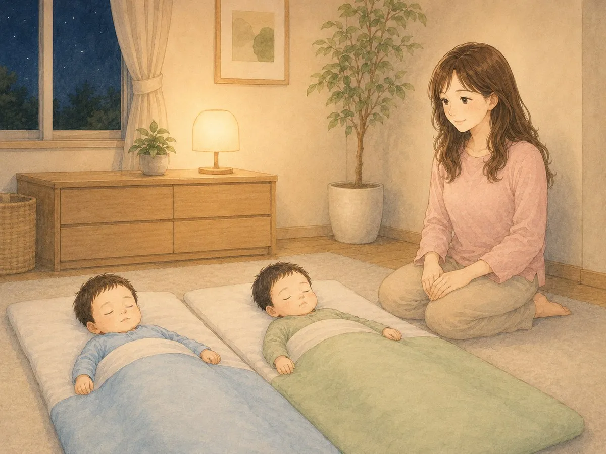 夜の寝室で、個別の布団に仰向けで眠る双子のそばに座り、肩の力を抜いて見守るママの水彩イラスト