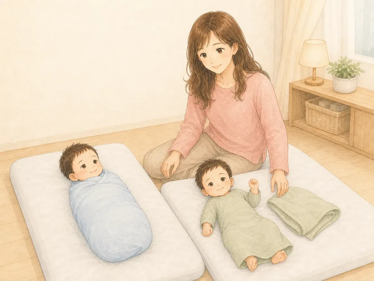 スワドルを着た双子の動きとずれを、はづきママが確認している水彩イラスト