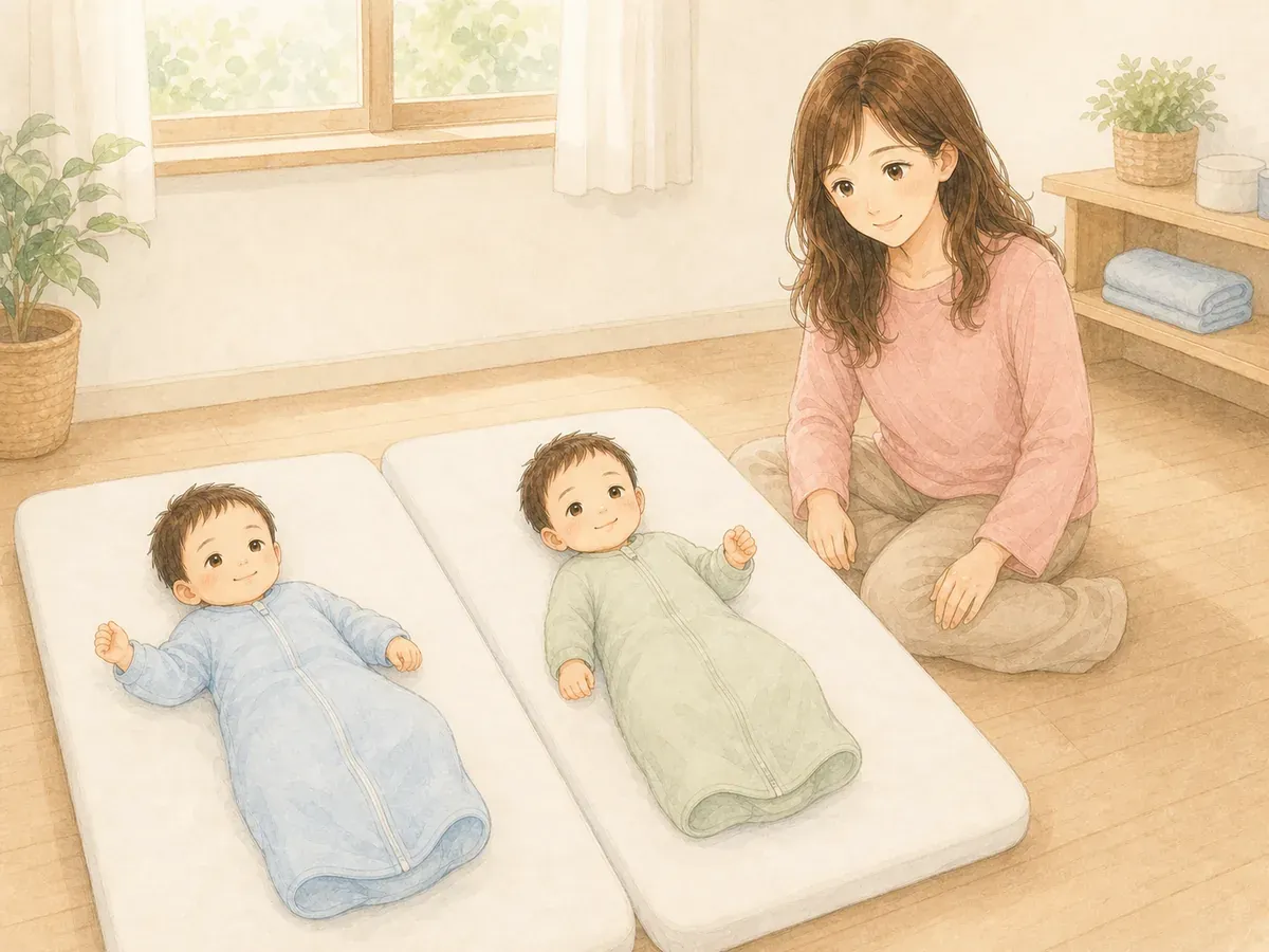 腕を自由に動かせるスリーパーに着替えた双子を、はづきママが見守る水彩イラスト