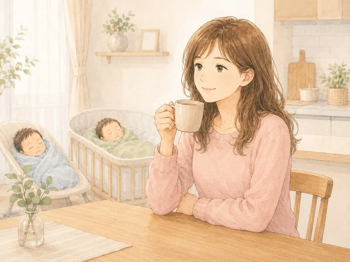 退院後の自宅で、今日やることを3つに絞り、温かい飲み物を手にほっと一息つくママ。背景で双子が穏やかに眠る水彩イラスト