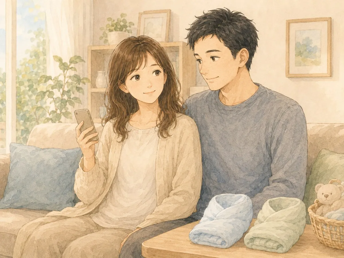 双子(DD)の発覚を受け止め、リビングで寄り添って「一緒にやっていこう」と支え合う夫婦の水彩イラスト