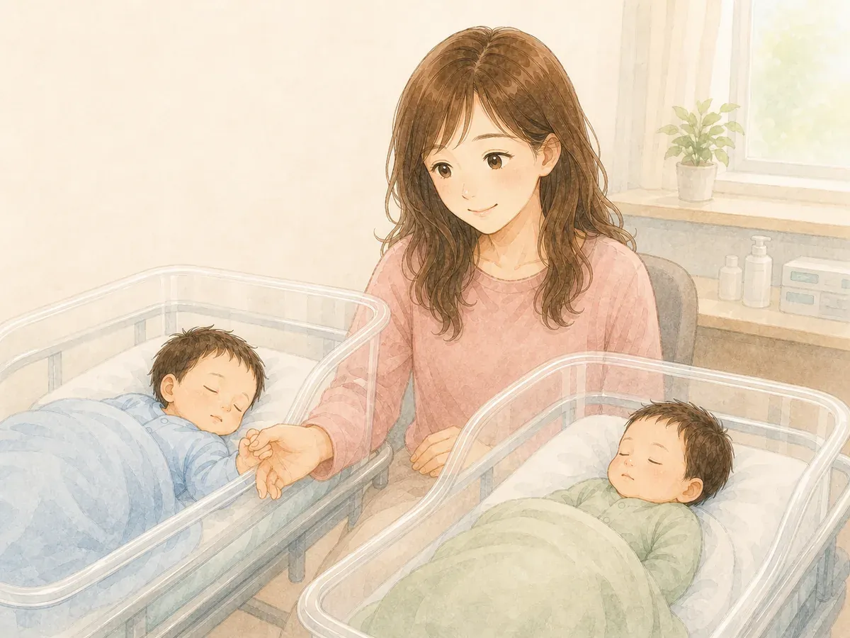 NICU・GCUの面会で、はづきママが保育器の双子を静かに見守る水彩イラスト