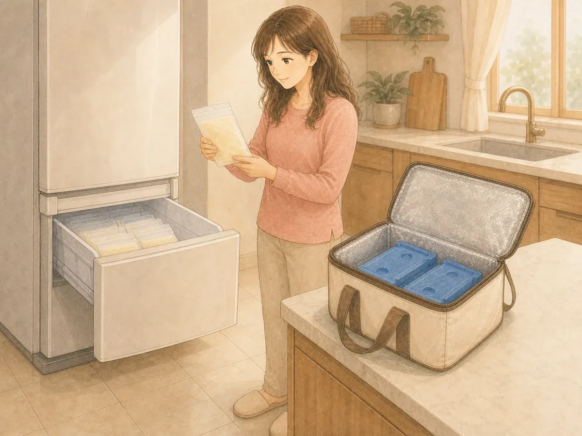冷凍母乳のパックを保冷バッグと保冷剤で運ぶ準備をする水彩イラスト