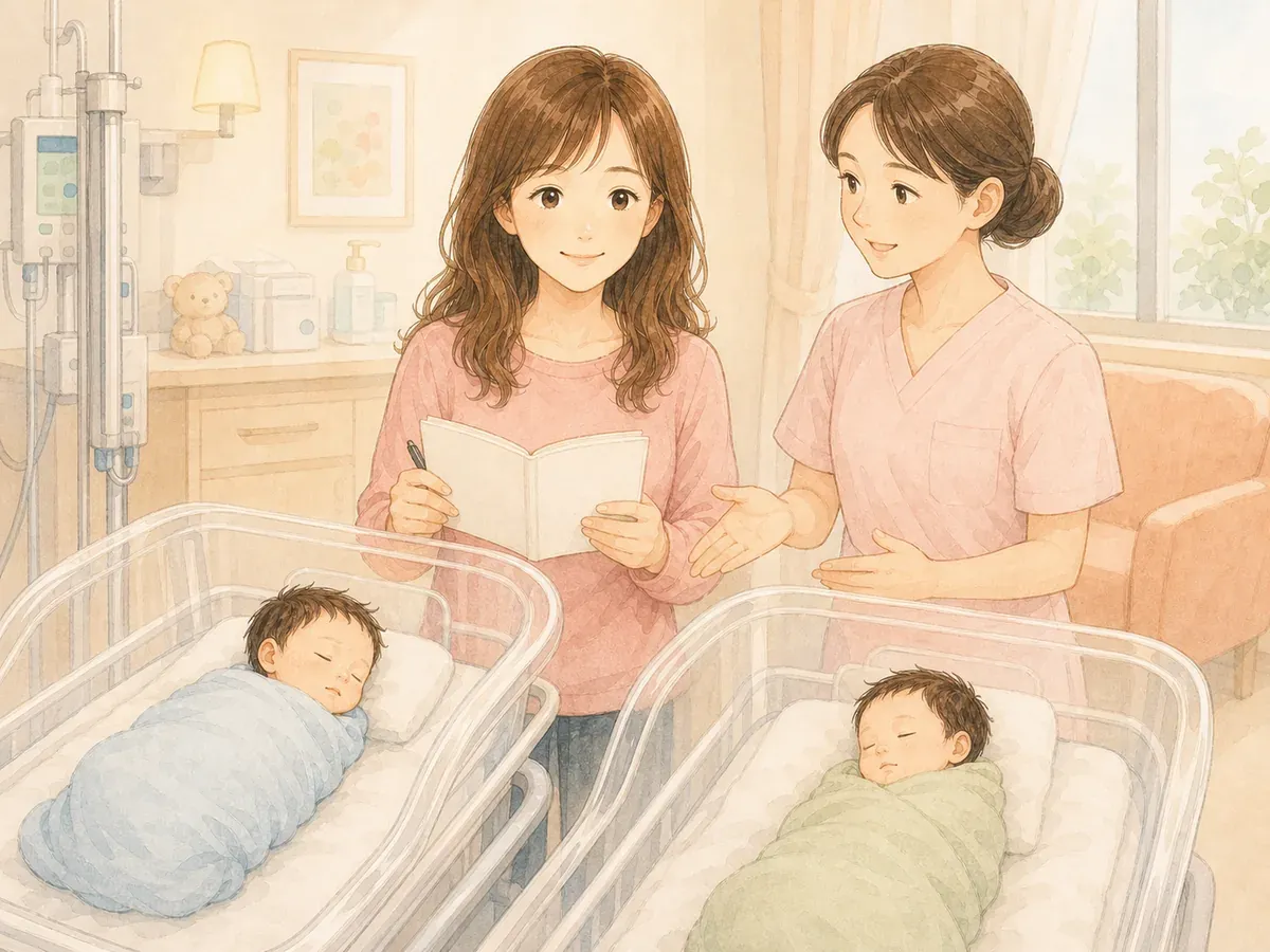先生や看護師に聞きたいことを、パパとママがメモしている水彩イラスト