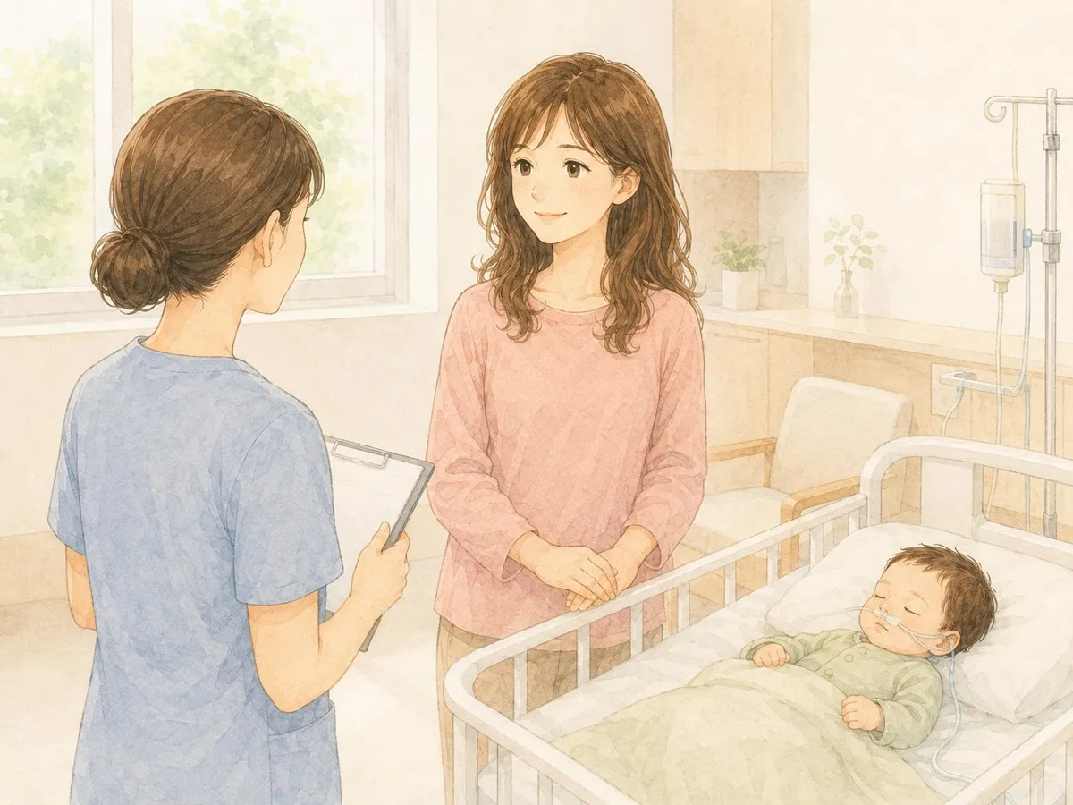 GCUで、看護師さんに今日からの方針（酸素・哺乳など）を確認するママの水彩イラスト