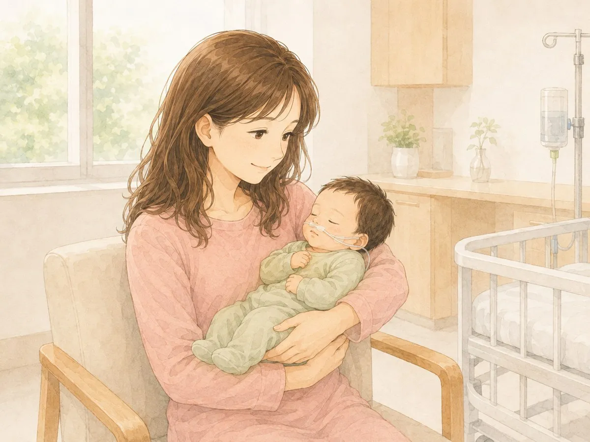 GCUで、洋服を着た赤ちゃんを久しぶりに長めに抱っこし、育ちを実感するママの水彩イラスト