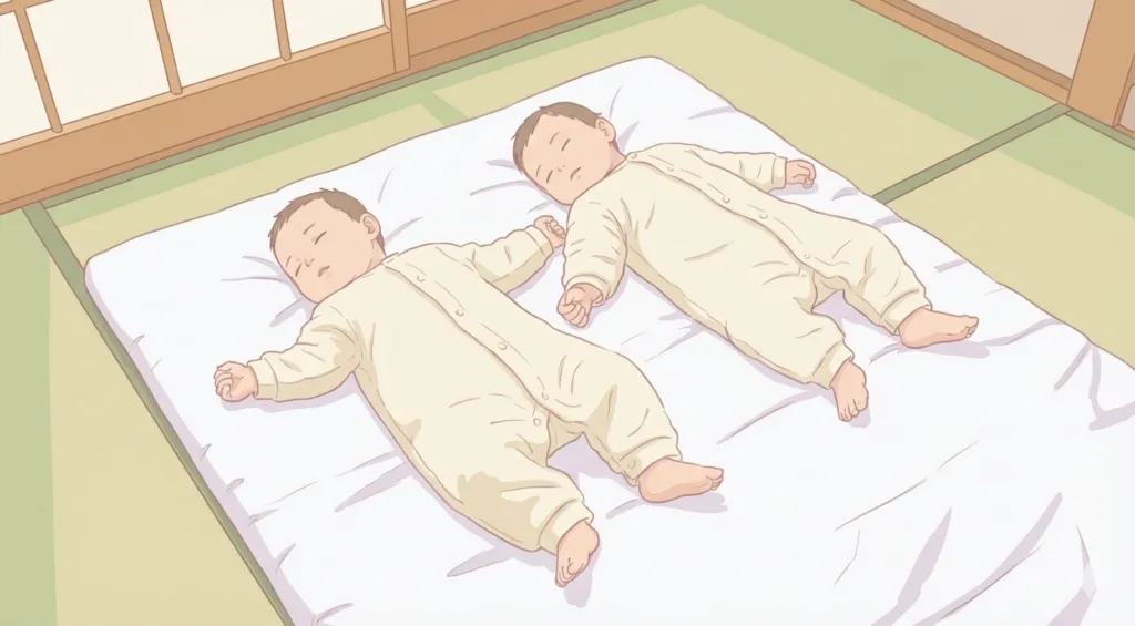 双子の安全な添い寝と畳の寝床設置例のイラスト