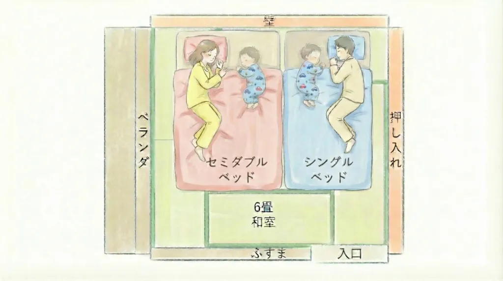 双子の添い寝:片方が起きてももう片方を起こさない対策図