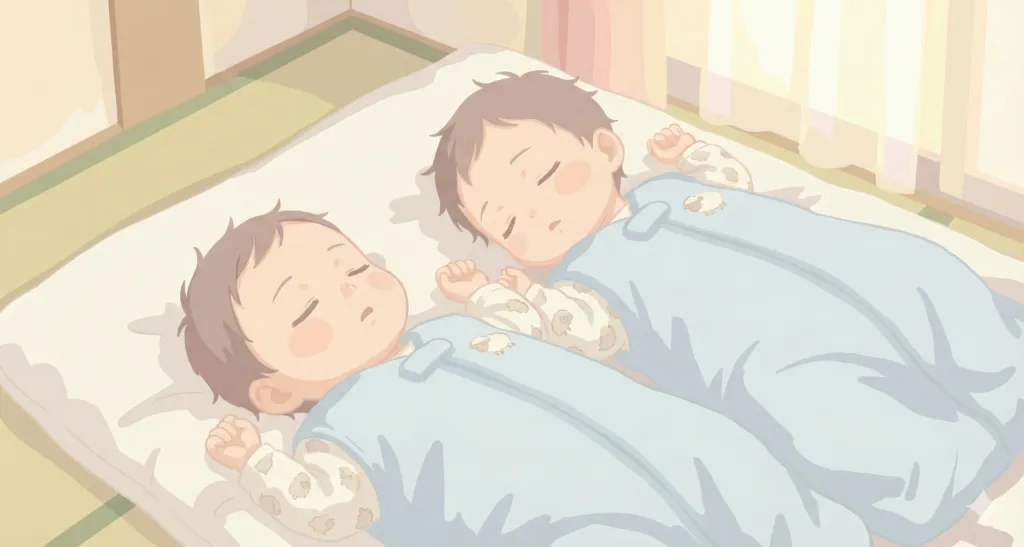 双子がマットレスで眠っている様子のイラスト