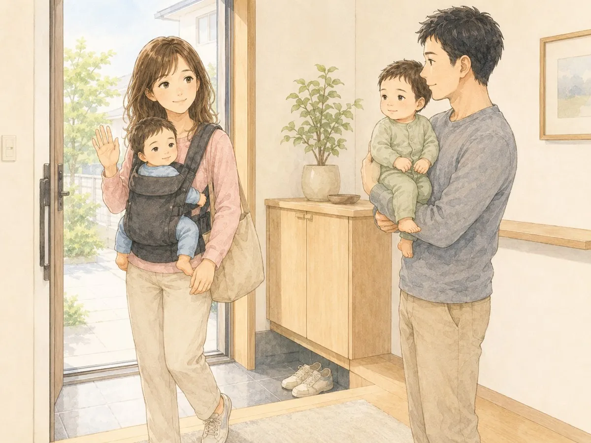 玄関で、片方の赤ちゃんを抱っこ紐で連れて受診に出かけるママを、もう片方を抱いたパパが見送る水彩イラスト