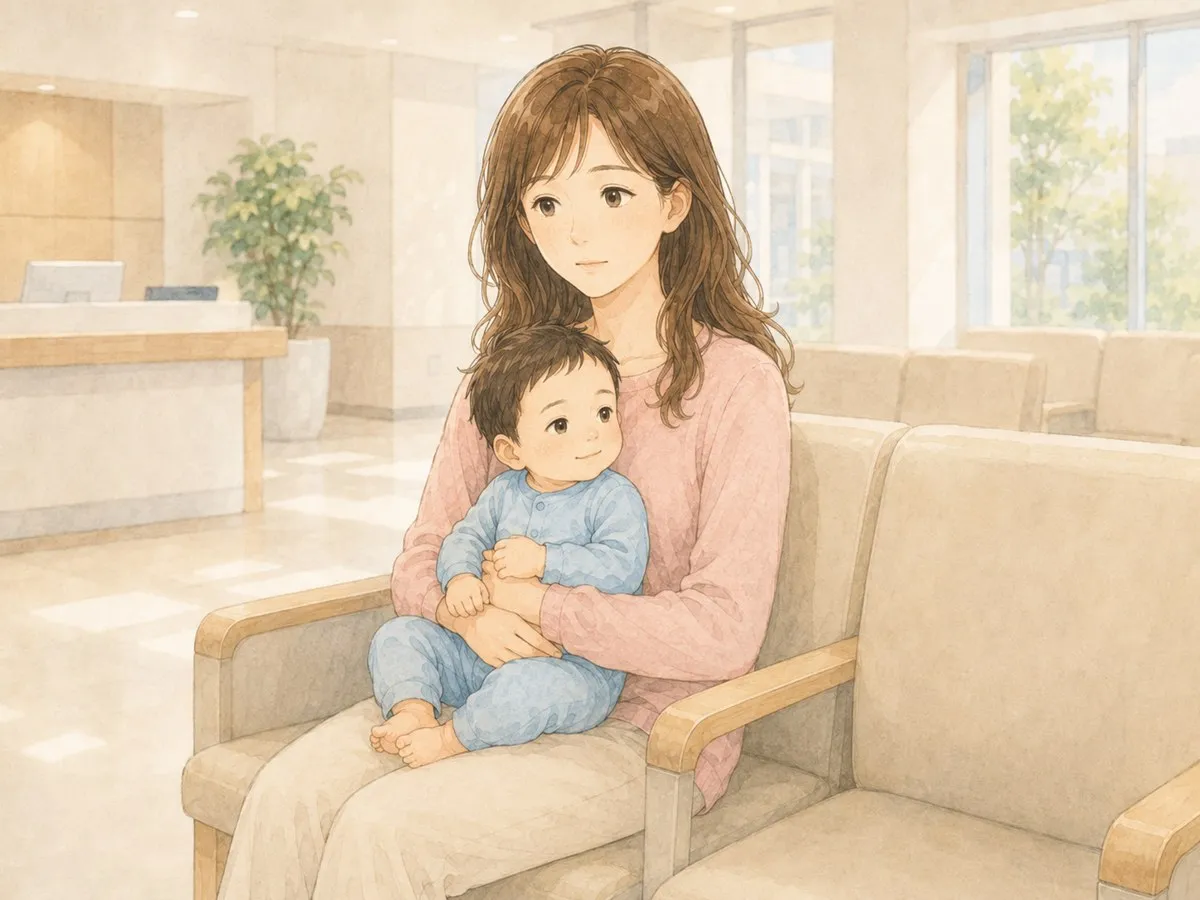 病院の待合室で、受診する1人の赤ちゃんを抱いて順番を待つママの水彩イラスト