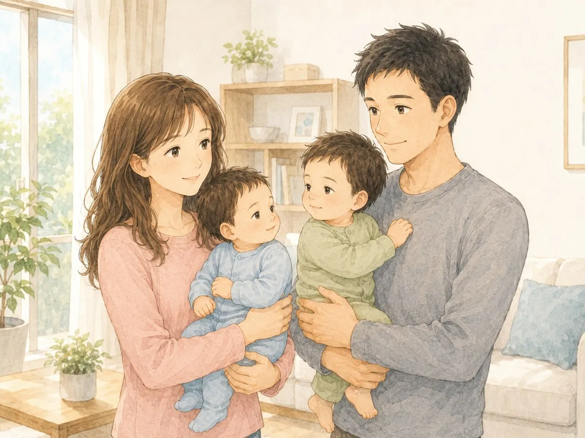 受診から帰宅し、お留守番のパパと子に合流して家族でひと息つく水彩イラスト