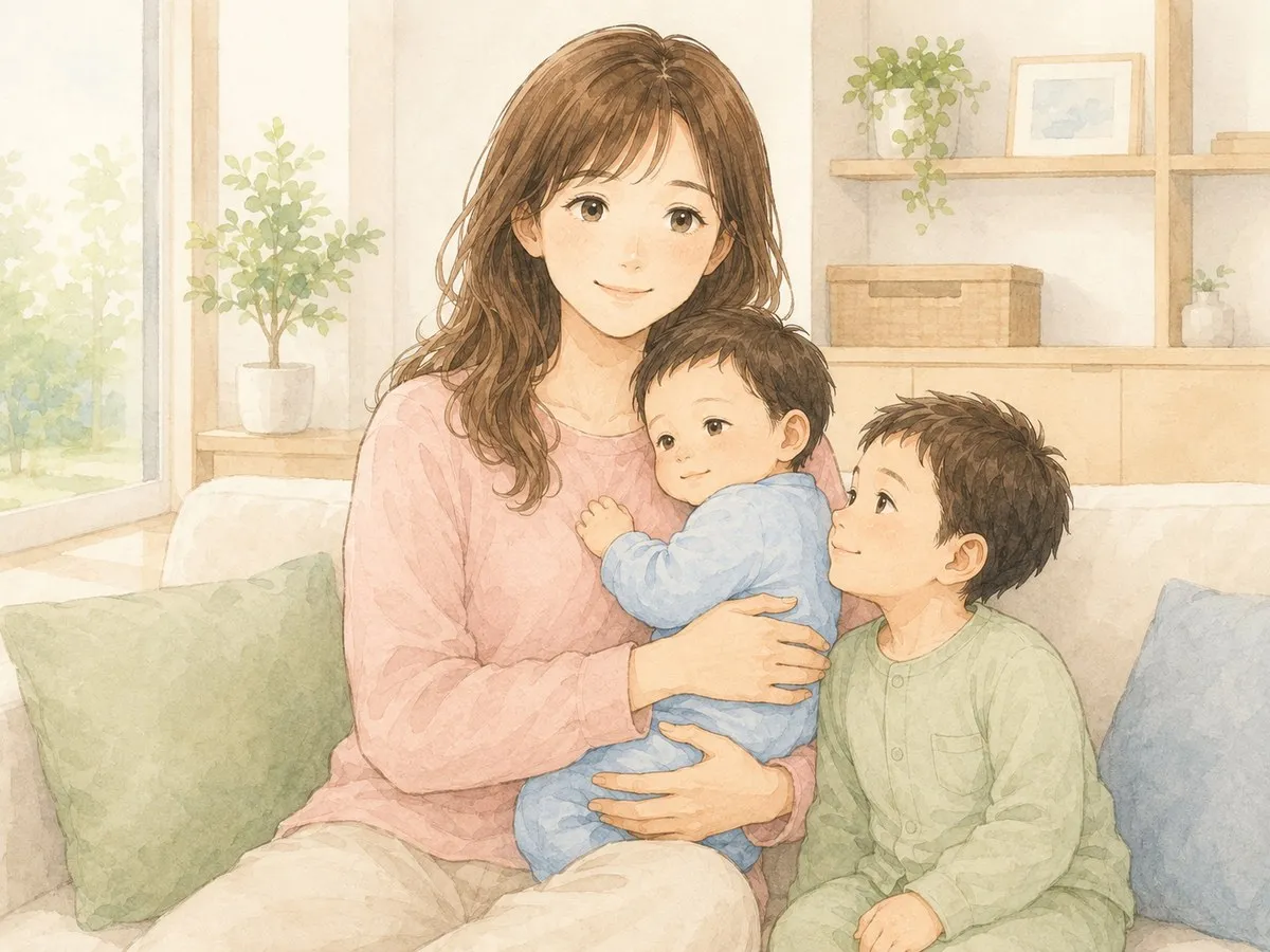 授乳を終えたあと、リビングで弟を抱っこし兄が寄り添う、穏やかな団欒のママと双子の水彩イラスト