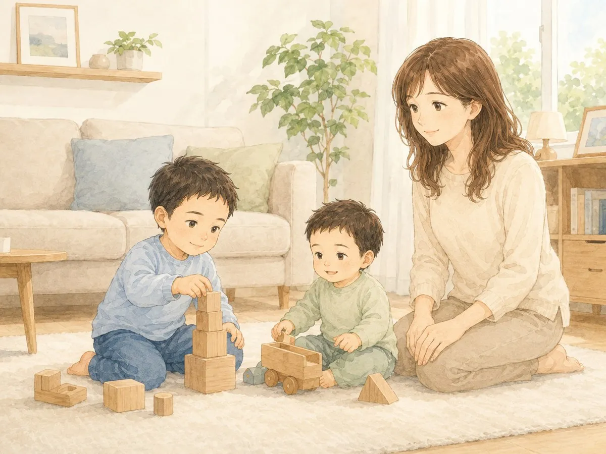 それぞれのペースで成長してきた双子を、数字に追われず穏やかに見守るママの水彩イラスト
