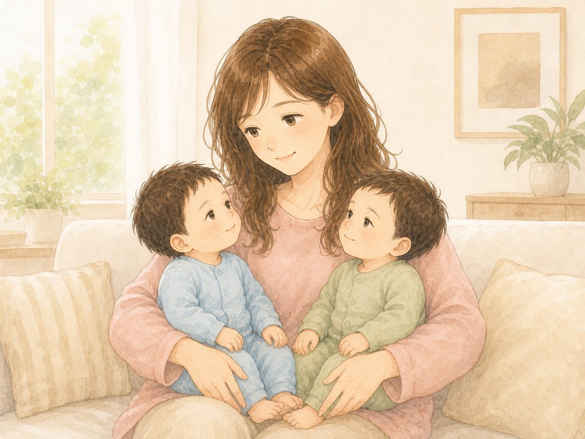 双子をやさしく抱くはづきままの水彩イラスト