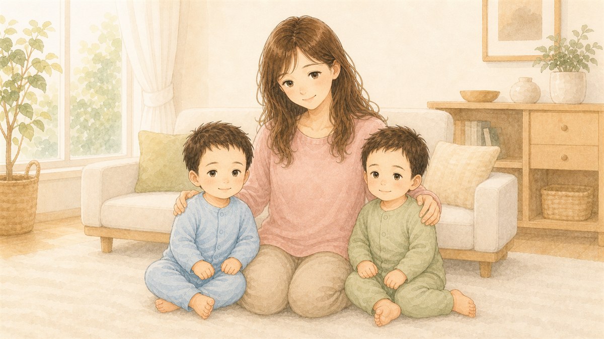 はづきままと双子の兄・弟（水彩イラスト）